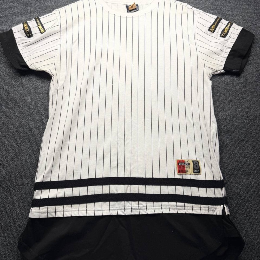 Bleecker & Mercer Mens T-Shirt Large White Pinstripe Hip Hop Tall Zippers 23 Art